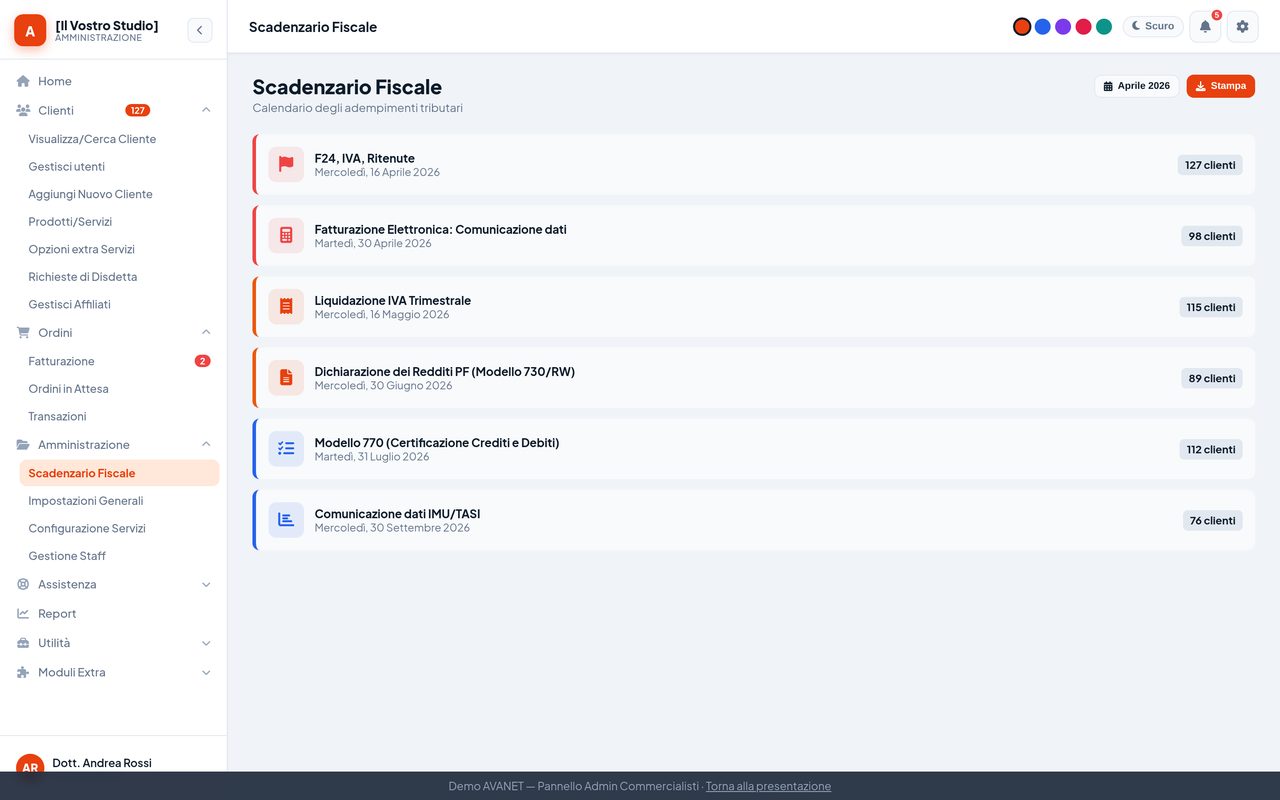 Pannello admin: scadenzario fiscale con notifiche automatiche ai clienti