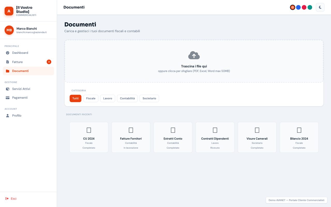 Area clienti: documenti personali con fatture, contratti, F24 e dichiarazioni