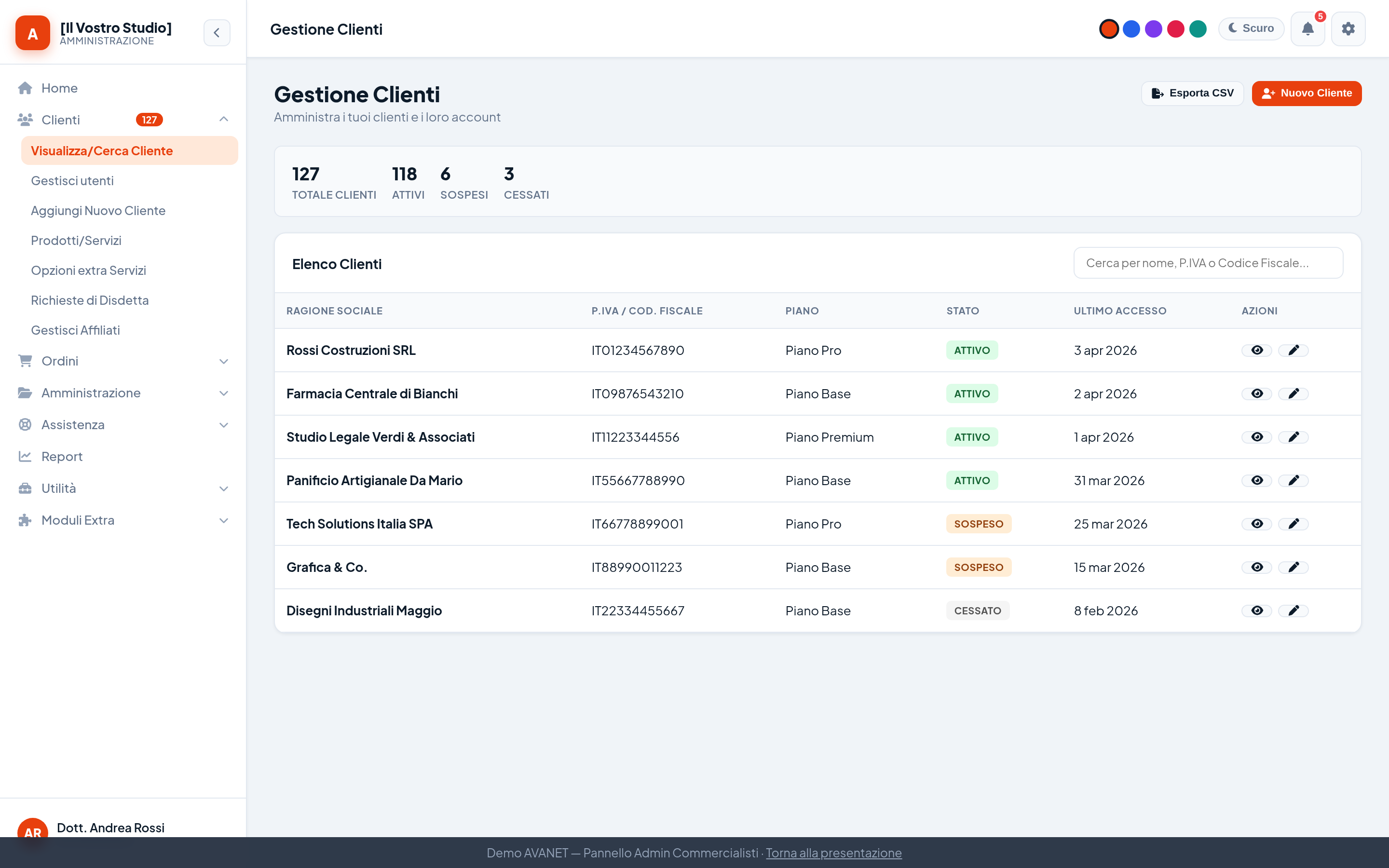 Gestione clienti — anagrafica, stato, servizi e filtri