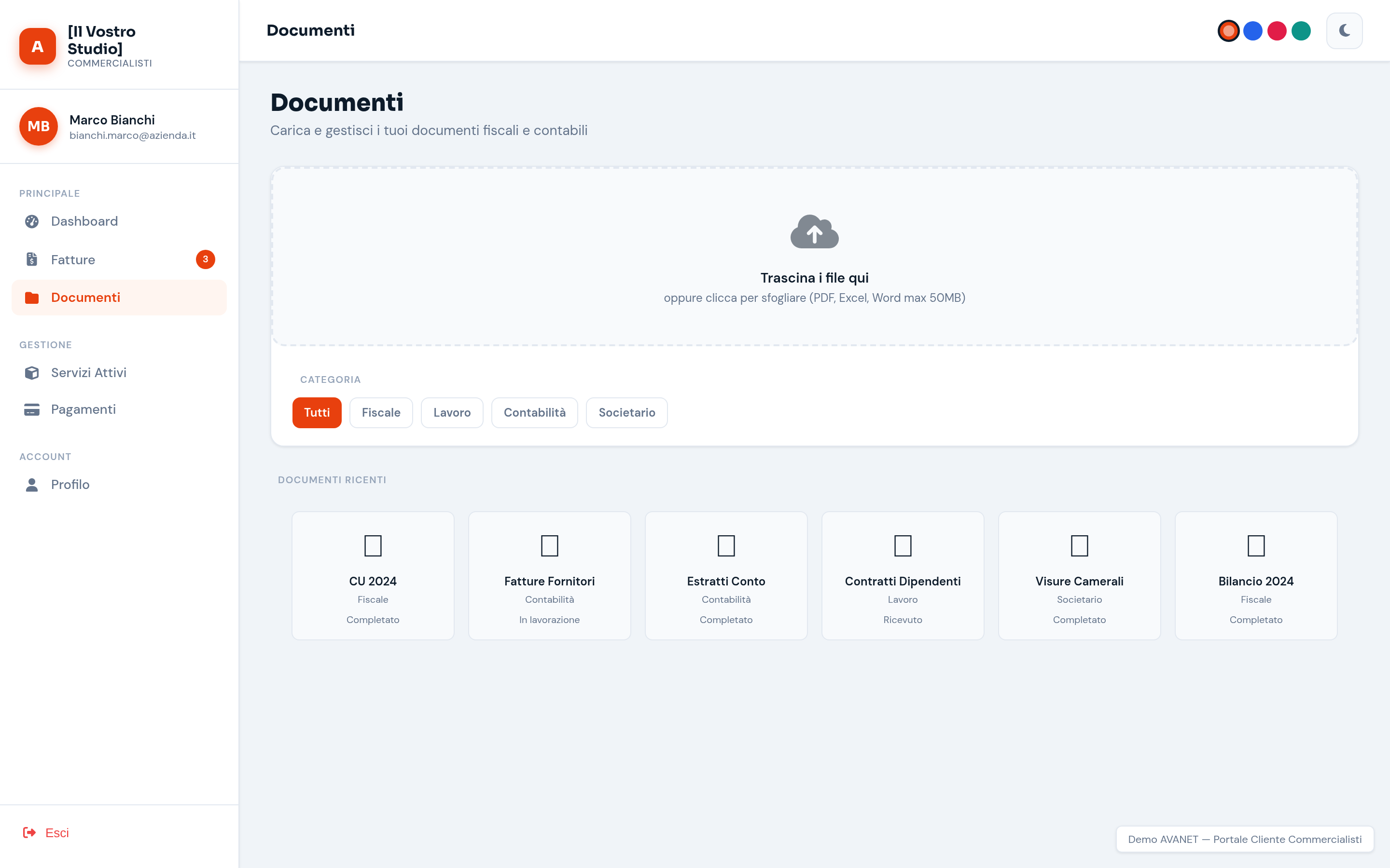 Archivio documenti con upload, categorie e filtri
